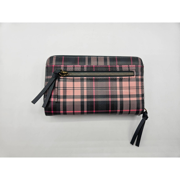 Women's Pink and Black Plaid Bi Fold Long Wallet Card Slots Zipper Pockets - Picture 7 of 8